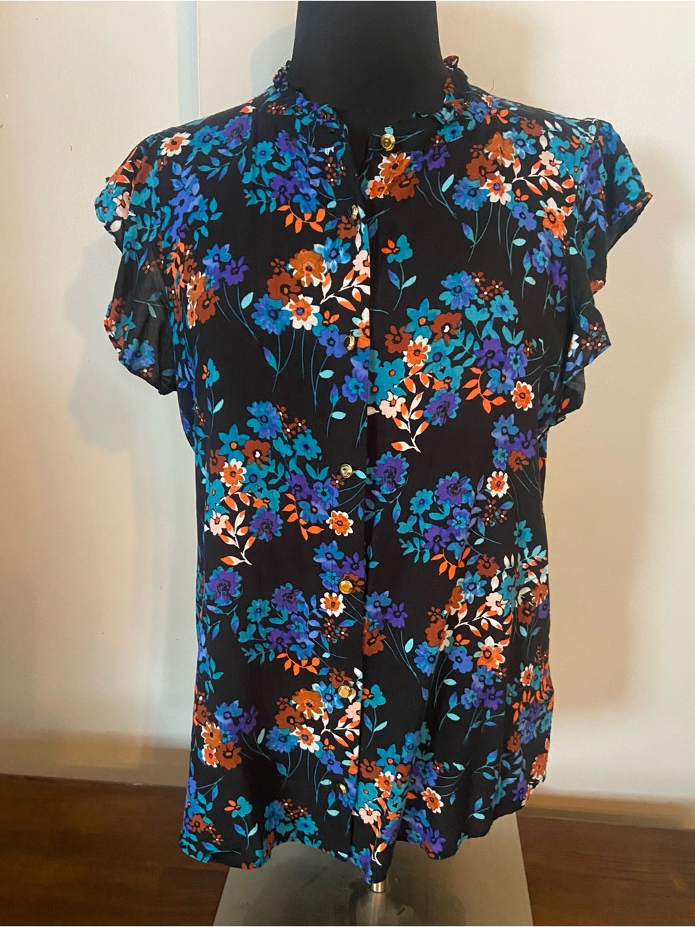 Calvin Klein Black Floral Button-Front Blouse with Blue, Orange & Purple Flowers